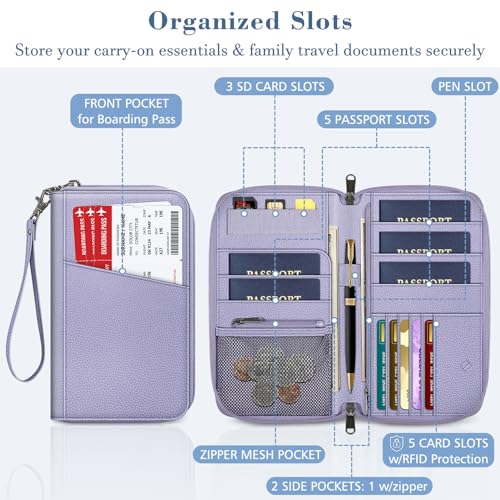 FINTIE Family Passport Holder Wallet Travel Document Organizer Clutch Bag | RFID Blocking Credit Cards Case Cover for Women Men - color: Lilac Purple
