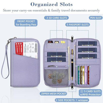 FINTIE Family Passport Holder Wallet Travel Document Organizer Clutch Bag | RFID Blocking Credit Cards Case Cover for Women Men - color: Lilac Purple