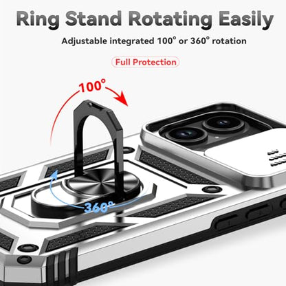 for iPhone 17 Case, with Slide Camera Cover HD Screen Protector [Military Grade 16ft. Drop Tested] Ring Holder Kickstand Protective Phone Case for Apple iPhone 17, Silver - color: Silver w/ Slide Camera 2nd gen. Military Grade