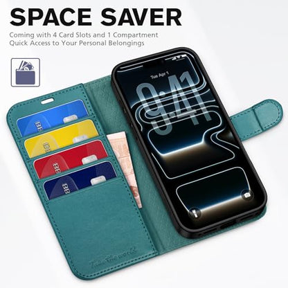 TUCCH Case Wallet for iPhone 17 Pro 6.3", RFID Blocking Folio, Bluish Green | 4 Card Holders, Kickstand, PU Leather, Magnetic Closure, Shockproof TPU Shell, Protective Flip Cover - color: Bluish Green