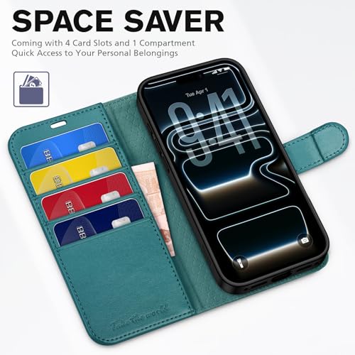 TUCCH Case Wallet for iPhone 17 Pro 6.3", RFID Blocking Folio, Bluish Green | 4 Card Holders, Kickstand, PU Leather, Magnetic Closure, Shockproof TPU Shell, Protective Flip Cover - color: Bluish Green
