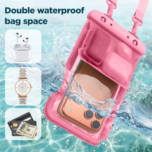 CACOE Waterproof Phone Pouch 2 Pack Up to 8.8", Double Bag, Black+Pink | IPX8 Waterproof Phone Case,Adjustable Lanyard,Dry Bags for Beach/Cruise/Travel/Camping/Kayak/Hiking/Lake/Vacation Essentials - color: Black+Pink