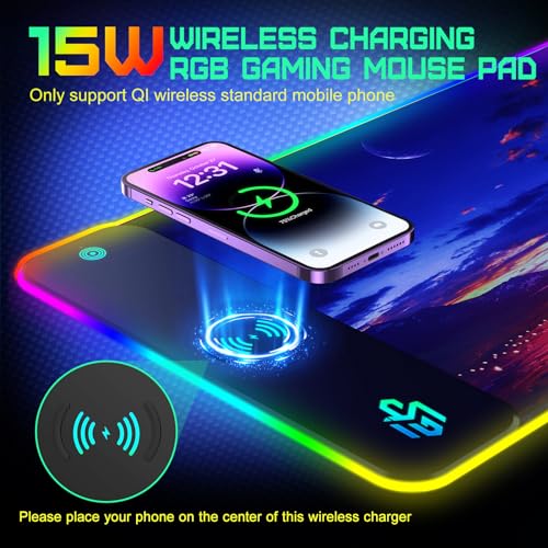 GIM Wireless Charging RGB Gaming Mouse Pad 15W, LED Mouse Mat 800x300x4MM, 10 Light Modes Extra Large Mousepad Non-Slip Rubber Base Computer Keyboard Mat for Gaming, MacBook, PC, Laptop, Desk（Sunset）