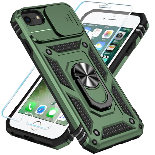 SunStory Compatible with iPhone SE 2022/2020/3rd/2rd / 6/7/8 Case with HD Screen Protector & Slide Camera Cover & Kickstand, [Military-Grade] Phone Case for iPhone SE 2020/2022/6/7/8 (Army Green) - color: Army Green