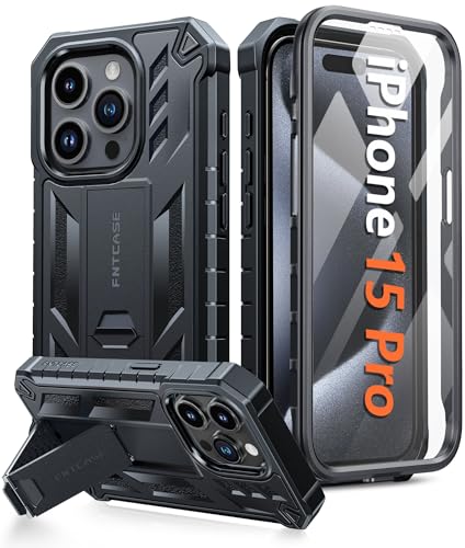 FNTCASE for iPhone 15 Pro Case, Built-in Screen Protector, Kickstand Black | Military-Grade Drop Protection, Anti-Slip Matte Textured, Rugged Heavy Duty Shockproof TPU Protective Cover - color: Black