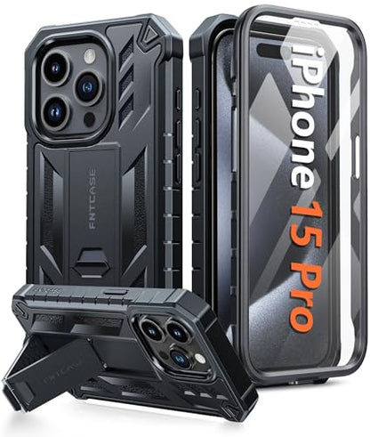 FNTCASE for iPhone 15 Pro Case, Built-in Screen Protector, Kickstand Black | Military-Grade Drop Protection, Anti-Slip Matte Textured, Rugged Heavy Duty Shockproof TPU Protective Cover - color: Black