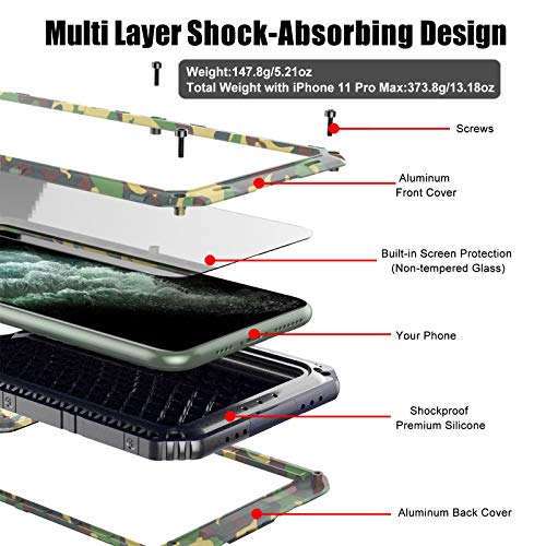 Beasyjoy for iPhone 11 Pro Max Case Waterproof Metal Case Heavy Duty Built-in Screen Full Body Protective Shockproof Military Grade Camo - color: Camo, size: iPhone 11 Pro Max