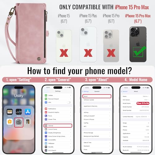 Defencase for iPhone 15 Pro Max Wallet Case with RFID Card Holder, Rosepink | Durable Soft PU Leather, with Zipper Pocket, Wrist Strap, Fashion Snap Flip Phone Cases Cover with Stand for Women and Men - color: Rose Pink