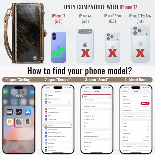 Defencase for iPhone 17 Wallet Case with RFID Blocking Card Holder, Coffee | Durable Soft PU Leather, with Zipper Pocket, Wrist Strap, Fashion Snap Flip Phone Cases Cover with Stand for Women and Men - color: Coffee
