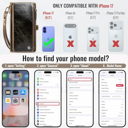Defencase for iPhone 17 Wallet Case with RFID Blocking Card Holder, Coffee | Durable Soft PU Leather, with Zipper Pocket, Wrist Strap, Fashion Snap Flip Phone Cases Cover with Stand for Women and Men - color: Coffee