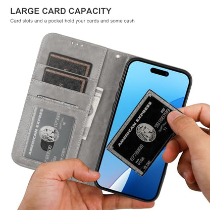 Bocasal Detachable Wallet Case Card Holder for iPhone 16 Pro Max Grey | RFID Blocking Kickstand Card Slots Holder PU Leather Magnetic Shockproof Wrist Strap Removable Flip Protective Cover 6.9 inch - color: Gray