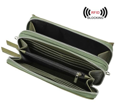 RFID Crossbody Wallet Wristlet Purse with Phone Pocket For Women Vegan Leather - color: B-olive Green