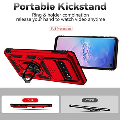 for Samsung Galaxy S10 Plus Case with Camera Lens Cover HD Screen Protector, Military-Grade Drop Tested Magnetic Ring Holder Kickstand Protective Phone Case for Samsung Galaxy S10+ Plus (Red) - color: Red with camera cover Military-Grade 2nd gen