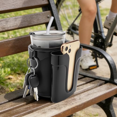 3-in-1 Universal Bike Cup Holder with Cell Phone Case Keys Hook, Black - color: black