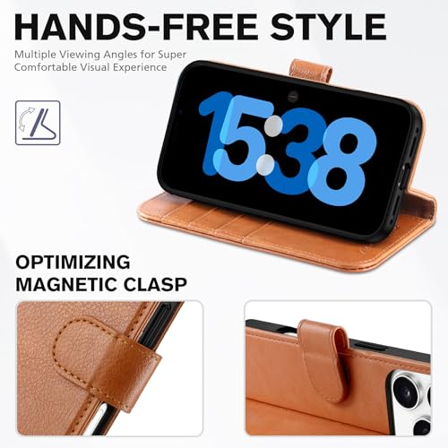 TUCCH Case Wallet for iPhone 17 Pro 6.3", RFID Blocking Folio, Light Brown | 4 Card Holders, Kickstand, PU Leather, Magnetic Closure, Shockproof TPU Shell, Protective Flip Cover - color: Textured Light Brown