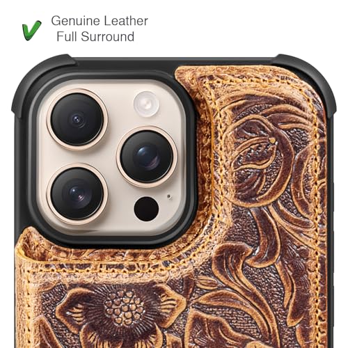 Wallet Real Leather Case Compatible with iPhone 14 Pro 6.1" Brown | Genuine Leather,Shockproof,Anti-Fall Case,Flip Cover,with Card Slot,Double Magnetic Buckle,Kickstand,RFID Blocking Brown - color: Brown, size: 6.1"-14 Pro