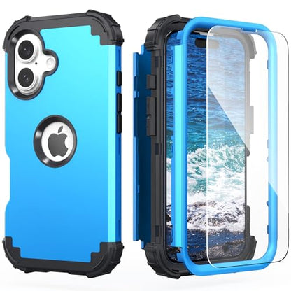 IDweel for iPhone 17 Case with Screen Protector for Women, 3 in 1 Shockproof Slim Fit Hybrid Heavy Duty Hard PC Cover Soft Silicone Bumper Full Body Anti-Fingerprint Case, Sky Blue - color: Sky Blue