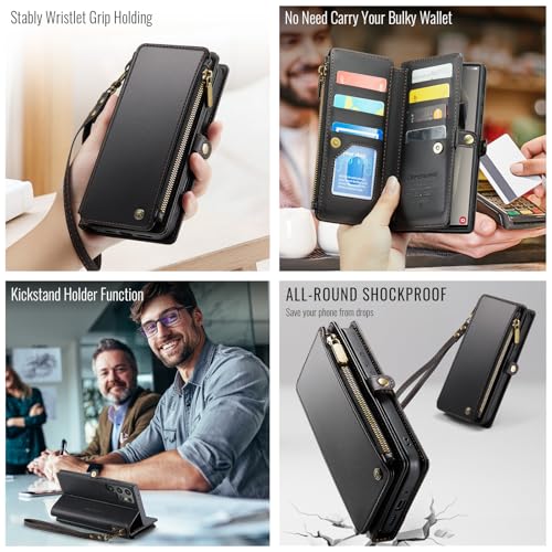 Defencase for Samsung Galaxy S24 Ultra Wallet Case with Card Holder, Black | Durable PU Leather, with RFID Blocking Zipper Pocket, Wrist Strap, S24 Ultra Flip Phone Cases Cover with Stand for Women Men - color: Black