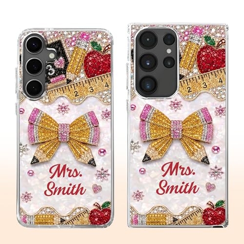 Mrs. Pencil Bow and Red Apple 3D Rhinestone - Personalized Clear Phone Case Teacher Appreciation Gift Tech Accessories