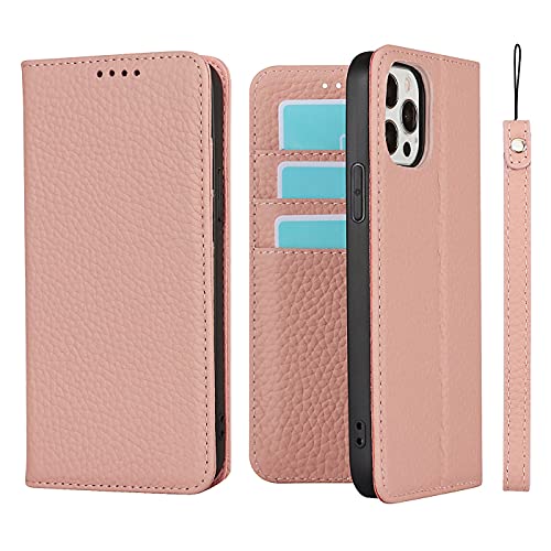 iCoverCase Compatible with iPhone 13 Pro Wallet Case with Credit Card Holder and Wrist Strap, RFID Blocking Genuine Leather Flip Magnetic Phone Cover 6.1 Inch (Pink) - color: 1-Pink (No Headphone Storage Belt), size: iPhone 13 Pro