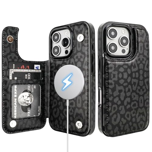 HAOPINSH for iPhone 16 Pro Case Wallet Compatible with MagSafe Wireless Charging, Black Leopard Cheetah Pattern Back Flip Folio Leather Kickstand Card Slots Case Double Magnetic Clasp Cover 6.3" - color: Black Leopard for MagSafe