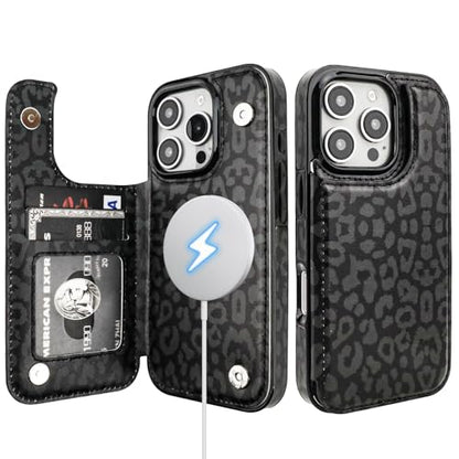 HAOPINSH for iPhone 16 Pro Case Wallet Compatible with MagSafe Wireless Charging, Black Leopard Cheetah Pattern Back Flip Folio Leather Kickstand Card Slots Case Double Magnetic Clasp Cover 6.3" - color: Black Leopard for MagSafe
