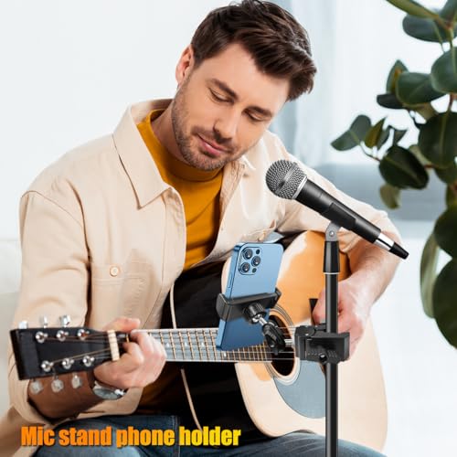 Phone Holder for Mic Stand, Treadmill, Spin Bike, Stroller, Adjustable Clamp on Phone Holder for Microphone Stand, Desk Pipe Pole Clamp Phone Mount Stands for iPhone Samsung All Smartphones (Standard) - style: Standard