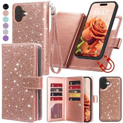 Varikke for iPhone 16 Glitter Case Wallet Magnetic Detachable, Rose Gold - color: (Standard) Rose Gold, size: iPhone 16 6.1"