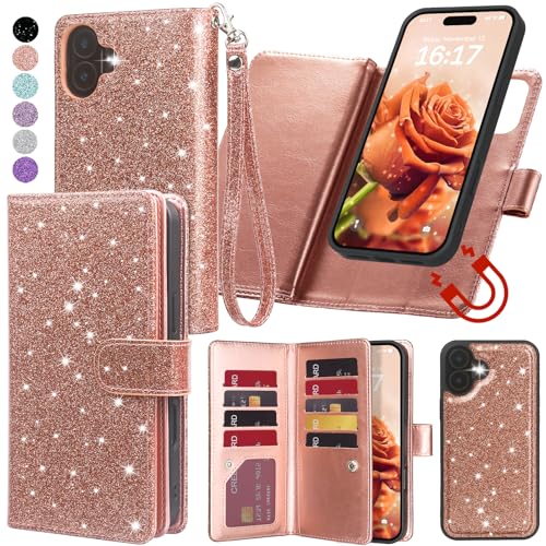 Varikke for iPhone 16 Glitter Case Wallet Magnetic Detachable, Rose Gold - color: (Standard) Rose Gold, size: iPhone 16 6.1"