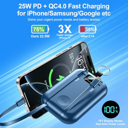Magnetic Portable Charger 10000mAh Wireless Power Bank with Built-in Cables - color: blue