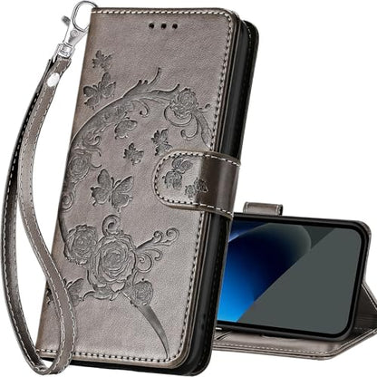 for Google Pixel 10a Wallet case, Gray Flower | 3 Card Holders, Kickstand, Shockproof TPU Shell, PU Leather, Magnetic Closure, Protective Flip Folio Cover, Women - color: 9