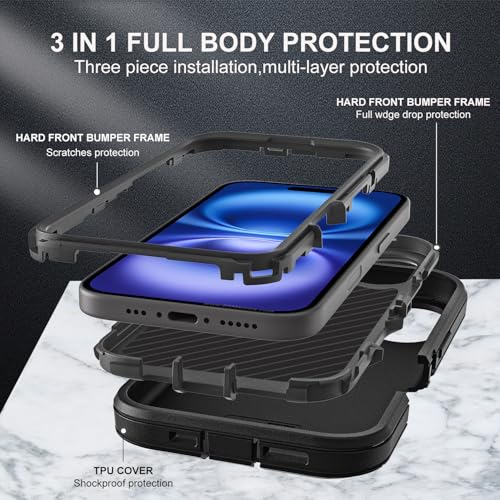 YKHJKLEC for iPhone 16 Case, Military Grade 3 in 1 Heavy Duty Shockproof/Drop Proof/Dust Proof Case with 2Pcs Tempered Glass Screen Protector (Black/Black) - color: Black/Black