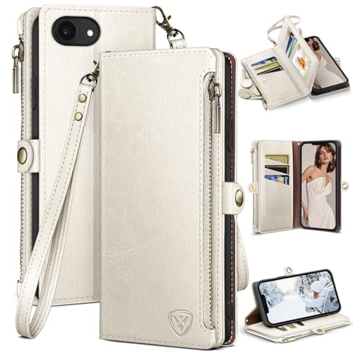 XcaseBar Compatible with ‌iPhone 16e 6.1"/17e 6.1" Wallet case with Zipper Credit Card Holder【RFID Blocking】,Flip Folio Book PU Leather Phone case Shockproof Cover Women Men for Apple 16e case White - color: White
