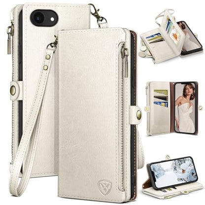 XcaseBar Compatible with ‌iPhone 16e 6.1"/17e 6.1" Wallet case with Zipper Credit Card Holder【RFID Blocking】,Flip Folio Book PU Leather Phone case Shockproof Cover Women Men for Apple 16e case White - color: White