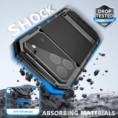 Simicoo Military Metal Heavy Duty Case Compatible with iPhone 17 Pro, Drop Protection Rugged Defender Metal Bumper Screws Phone Cover with Stand Gorilla Glass Camera Cover Full Body Dustproof Black - color: Black, size: iPhone 17 Pro