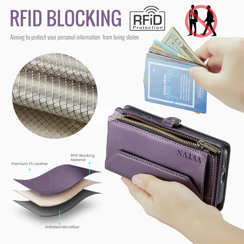 for Samsung Galaxy S23 FE Wallet Case with Card Holder, Purple | RFID Blocking Slots, Crossbody Lanyard, Wrist Strap, Zipper Pocket Purse Handbag, Magnetic Closure - color: Purple, size: Galxay S23 FE