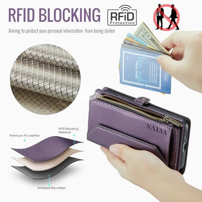 for Samsung Galaxy S23 FE Wallet Case with Card Holder, Purple | RFID Blocking Slots, Crossbody Lanyard, Wrist Strap, Zipper Pocket Purse Handbag, Magnetic Closure - color: Purple, size: Galxay S23 FE
