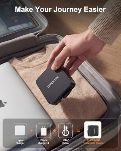 SUPERONE 65W Retractable Phone Charger, USB C Fast Laptop Charger, 5 in 1 - color: Jet Black