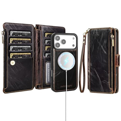 Antsturdy Compatible with MagSafe iPhone 17 Pro Wallet Case,Coffee | Detachable Magnetic Credit Card Holder,RFID Blocking,PU Leather Zipper Purse,Wrist Strap Kickstand,Flip Phone Cover for Women - color: (Detachable with Magsafe)-Coffee