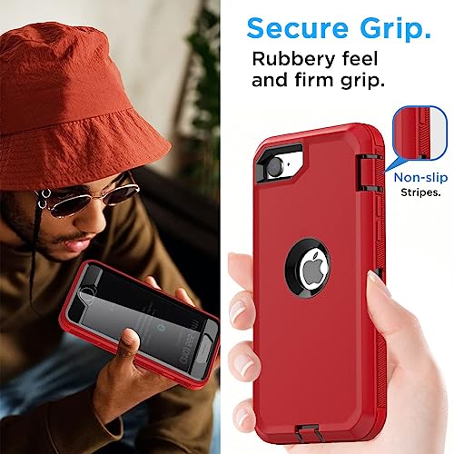 AICase for iPhone SE Case 3rd & 2nd Generation, for iPhone SE 2022/2020 Built-in Screen Protector Heavy Duty Protective Shockproof 3-Layer Full Body Rugged Phone Cover, Red/Black - color: Red/black