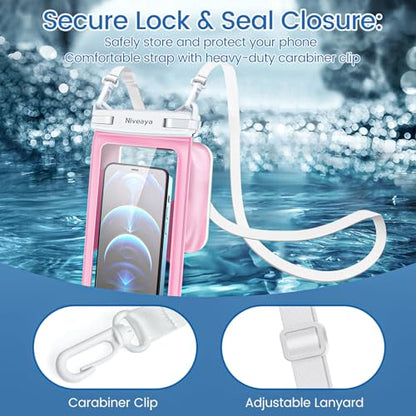 Niveaya [Floatable Floating Waterproof Phone Pouch 2 Pack-Up to 8.5", Large Space Adjustable Neck Lanyard Waterproof Phone Case, Phone Dry Bags for Vacation Beach Pool Kayak Cruise Travel Essentials - color: Green + Pink