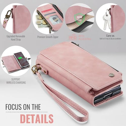 Defencase for Samsung Galaxy Z Fold 6 Wallet Case with Card Holder, Pink | Durable Soft PU Leather, RFID Blcking Zipper Pocket, with S-Pen Holder & Strap, Flip Phone Cases with Stand for Women Men - color: Airy Rose Pink