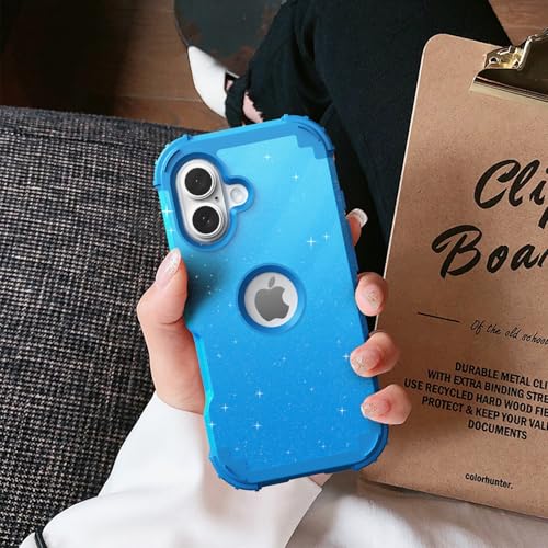IDweel for iPhone 16 Case with Screen Protector for Women,Luxury 3 in 1 Shockproof Slim Fit Hybrid Heavy Duty Hard PC Cover Soft Silicone Bumper Full Body Anti-Fingerprint Case,Glitter Sky Blue - color: Glitter Sky Blue