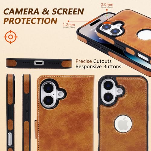 2 in 1 PU Leather for iPhone 16 Leather Case, Detachable Wallet Case with Card Holder, Removable Flip Folio Cover with RFID Blocking, Stand Shockproof Phone Cover（Compatible with MagSafe） Brown - color: Brown, size: Iphone 16