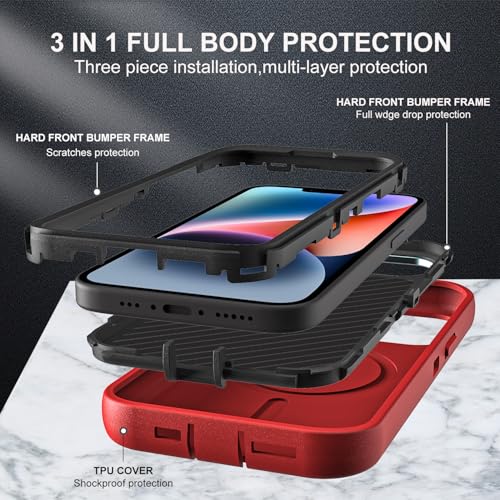 YKHJKLEC for iPhone 13/14 Case, Military Grade 3 in 1 Heavy Duty Shockproof/Drop Proof/Dust Proof with Kickstand Case, with 2 x Tempered Glass Screen Protector (ZJ-Red/Black) - color: ZJ-Red/Black