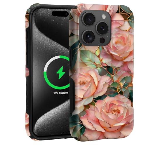 Case for iPhone 15 Pro Max | Anti-Slip Side Handle| Bold Protective Design | Compatible with MagSafe | Stained Glass Pink Flower | - color: Stained Glass Pink Flower, size: iPhone 15 Pro Max
