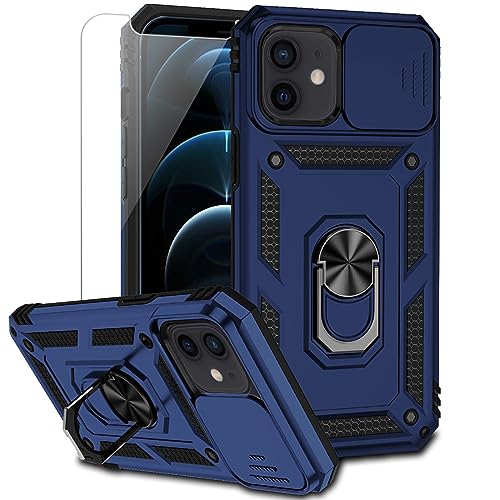 for iPhone 12 Mini Case with Camera Lens Cover HD Screen Protector, Dual Layer Military Grade Drop Protection Magnetic Ring Holder Kickstand Protective Phone Case for iPhone 12 Mini 5.4 inch (Navy) - color: Navy Blue with camera cover Military-Grade 2nd g