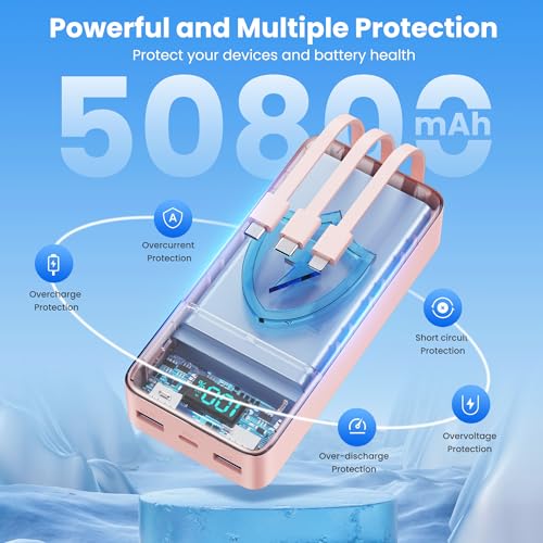 Portable Charger 50800mAh Power Bank with 3 Built in Cables,25W PD QC4.0 Fast Charging USB C Battery Pack,6 Outputs 2 Inputs Travel Essentials Phone Charger for iPhone 18/17/16/15/Pro,Android,Pink - color: Pink