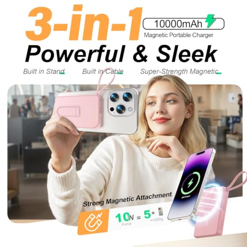for Magsafe Power Bank iPhone, USB C Magnetic Portable Charger Fast Charging Built in Cable, 10000mAh Wireless Battery Pack for iPhone17/16/15/14/13/12 - color: Pink