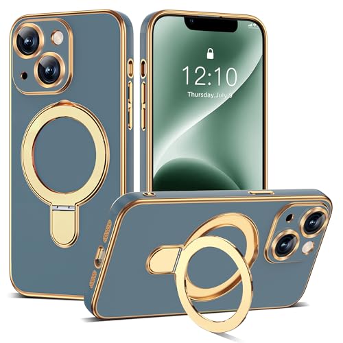 Compatible with iPhone 14 Case with Magnetic Ring Stand [Compatible with Mag-Safe] [Full Camera Lens Protector] Soft Plating Phone Case for iPhone 14 6.1", Grey Blue - color: Grey Blue, size: Iphone 14